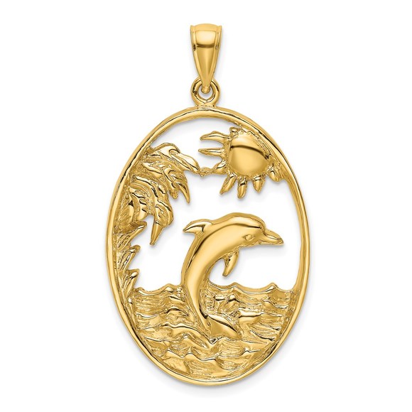 14k Yellow Gold Dolphin Nautical Jumping in Ocean Scene Necklace Charm Pendant - Picture 1 of 4